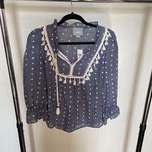 Maeve Blue Tassel Trim Swiss Dot Peasant Blouse
